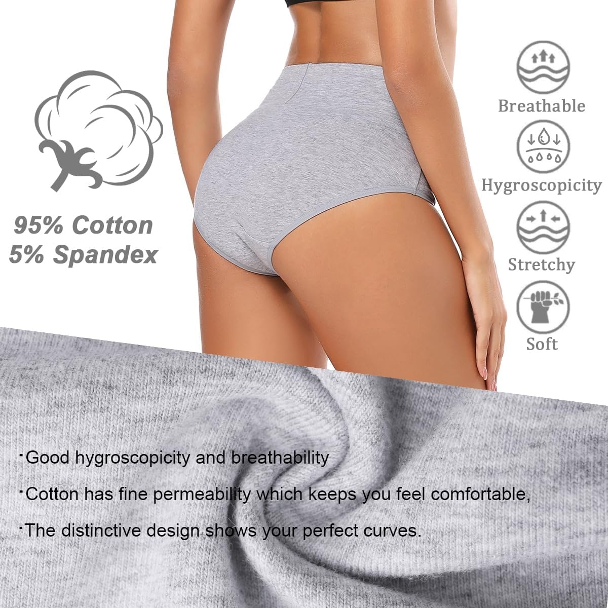 image:imageMolasus Womens Cotton Underwear High Waisted Full Coverage Ladies Panties Regular amp Plus SizeGrey5pack